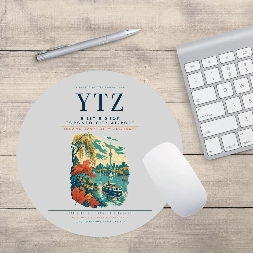 Billy Bishop Toronto City Airport (YTZ) design on light gray round mouse pad