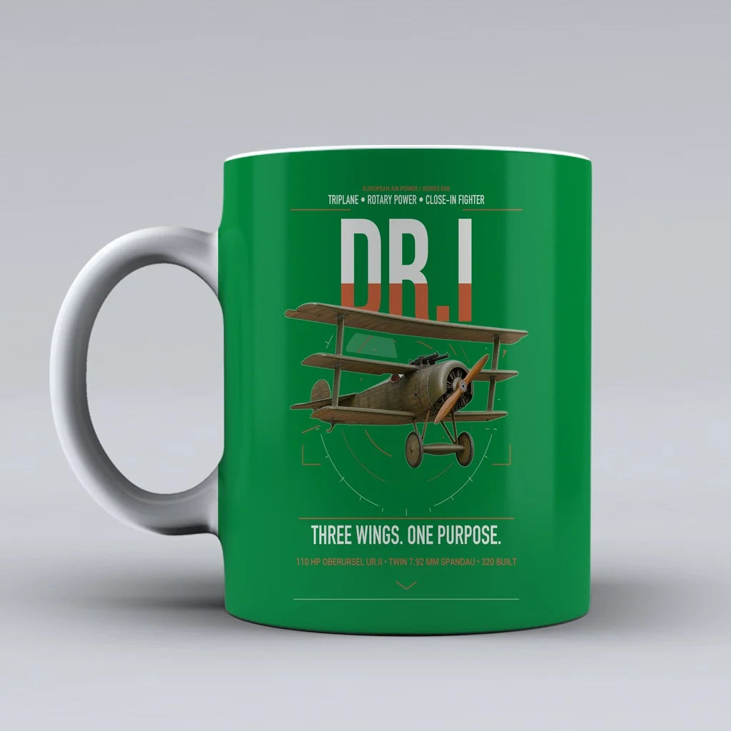 Fokker Dr.I design on green ceramic mug, double-side print