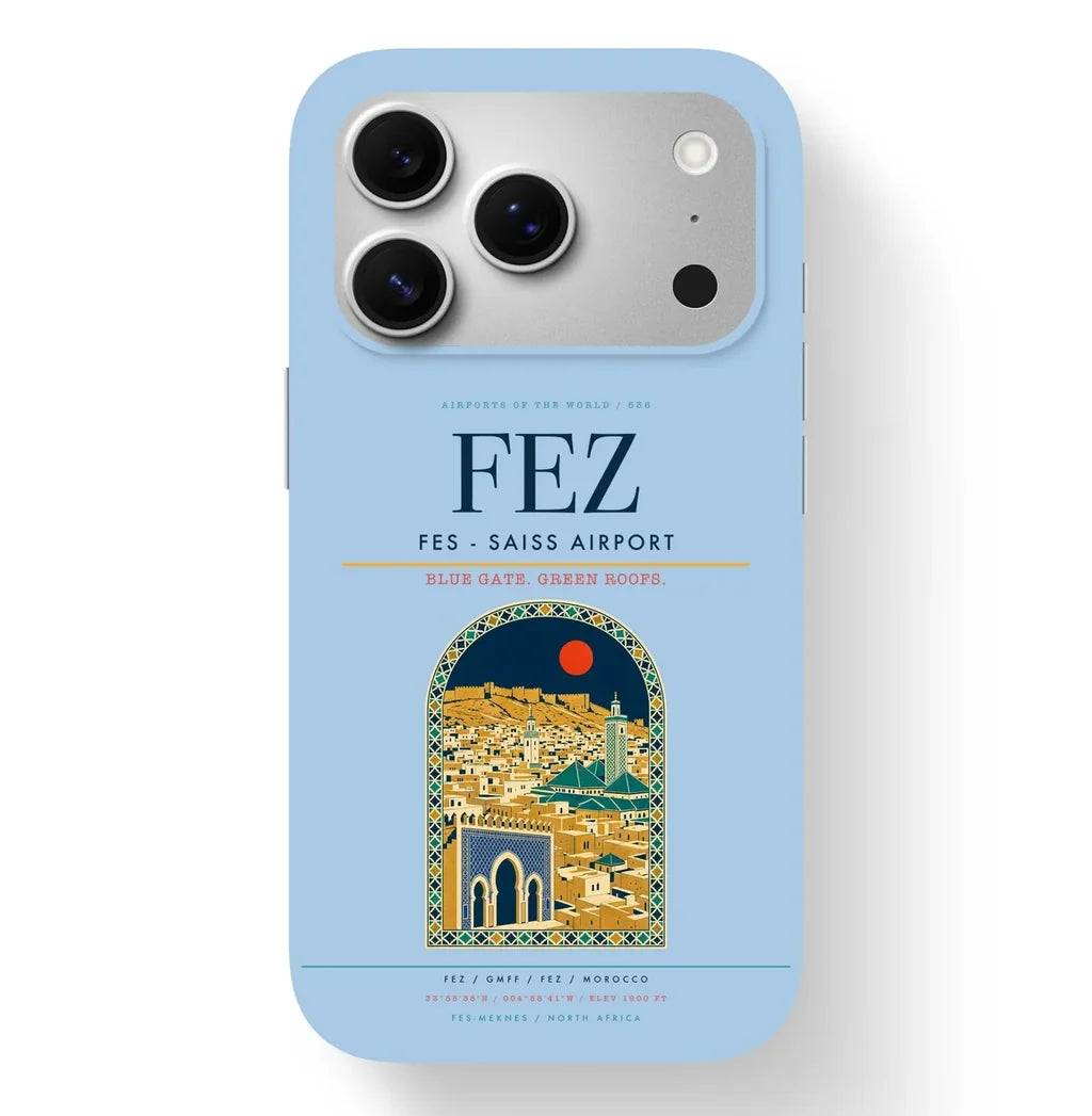 Fez Airport (FEZ) design on light blue iPhone 17 Pro MagSafe case