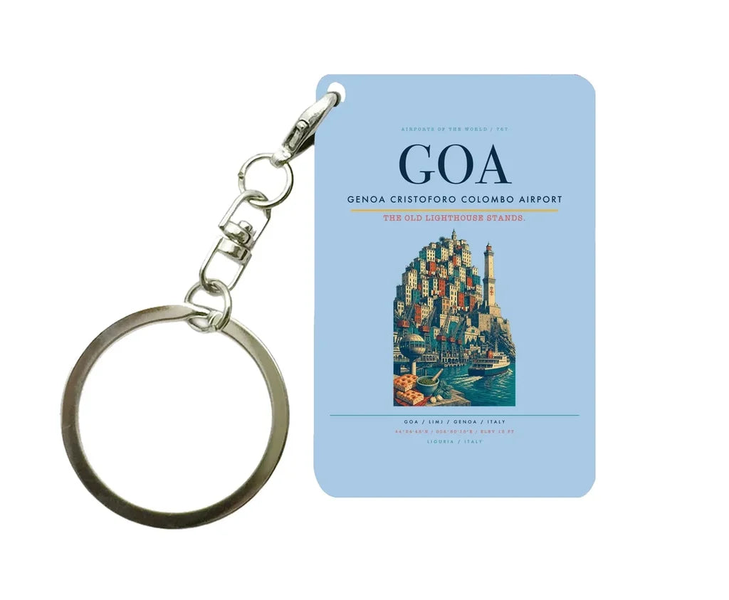 Genoa Cristoforo Colombo Airport (GOA) design on light blue key chain