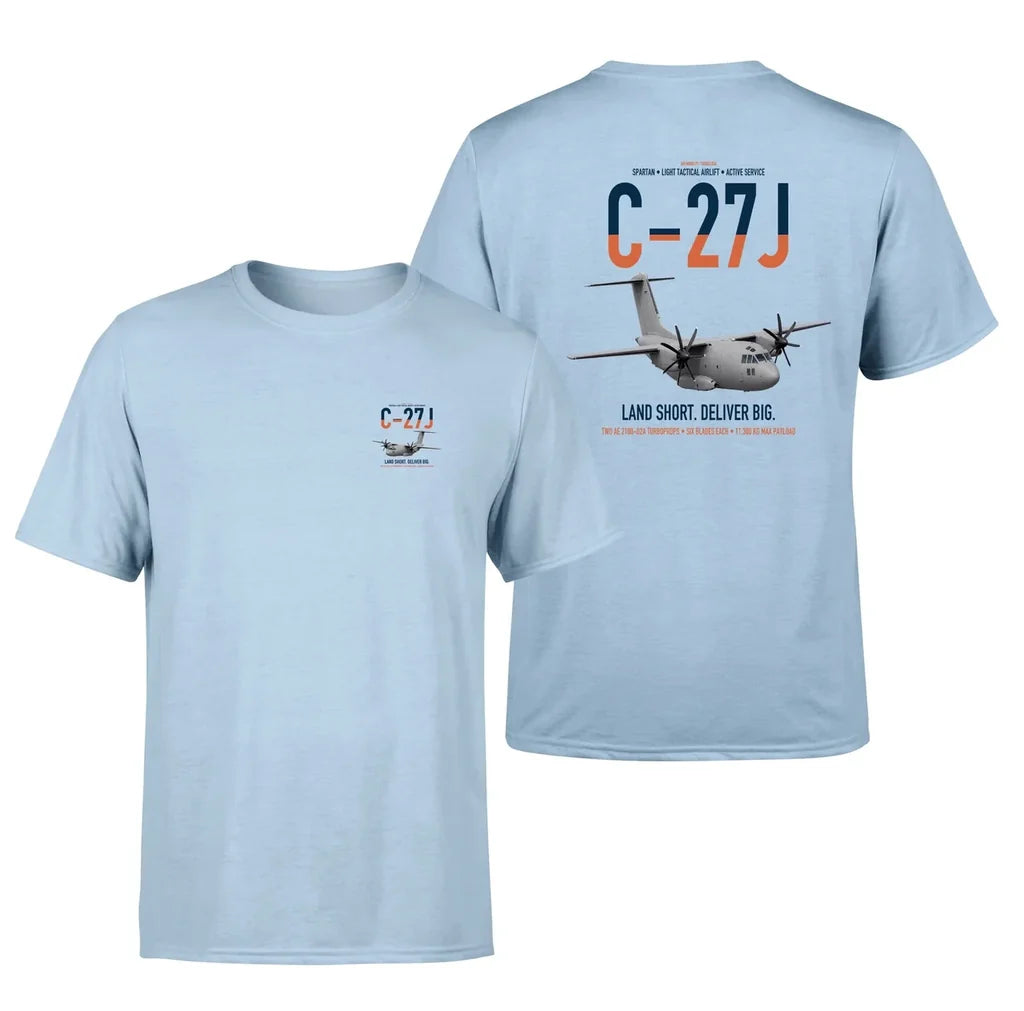 C-27J Spartan design on light blue double-side t-shirt, double-side print