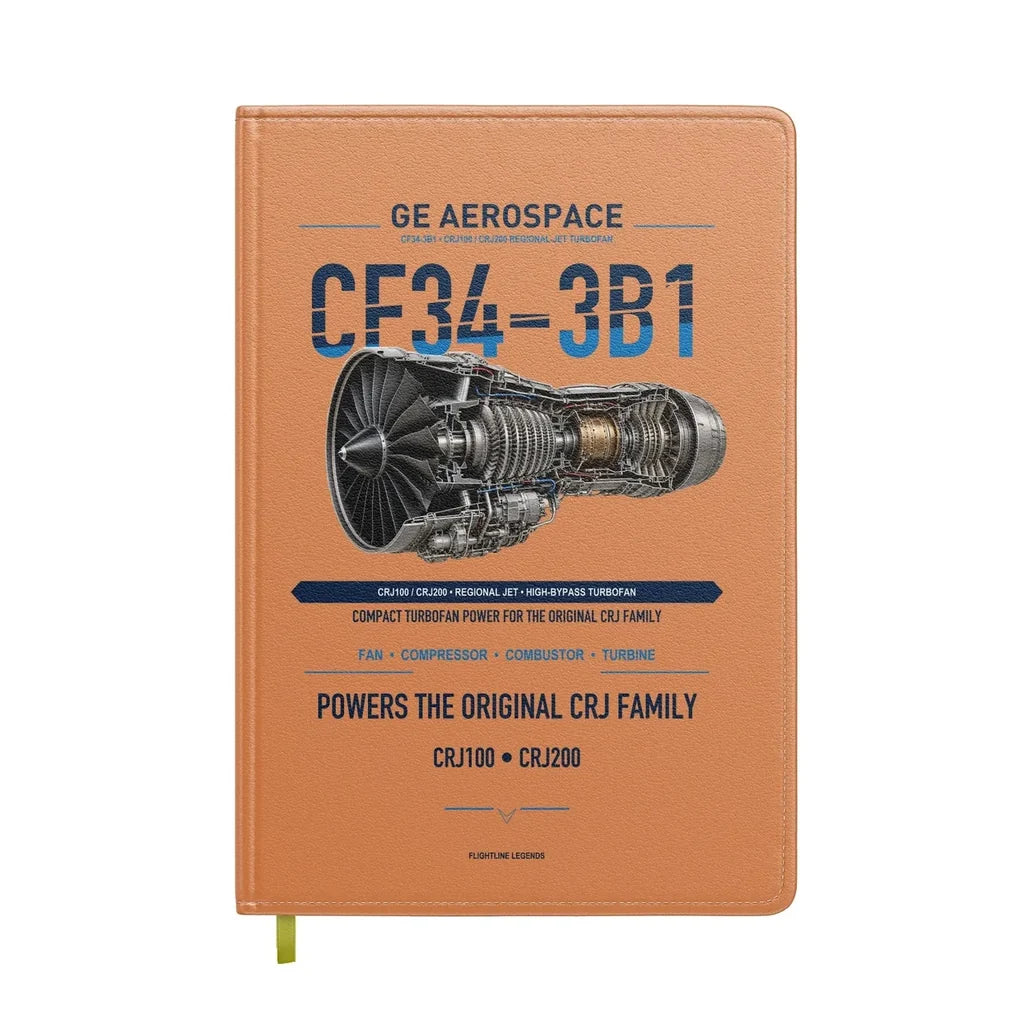 CF34-3B1 design on orange notebook