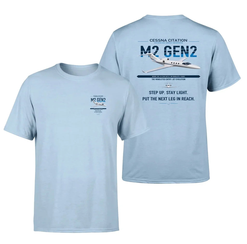 Cessna Citation M2 Gen2 design on light blue double-side t-shirt, double-side print