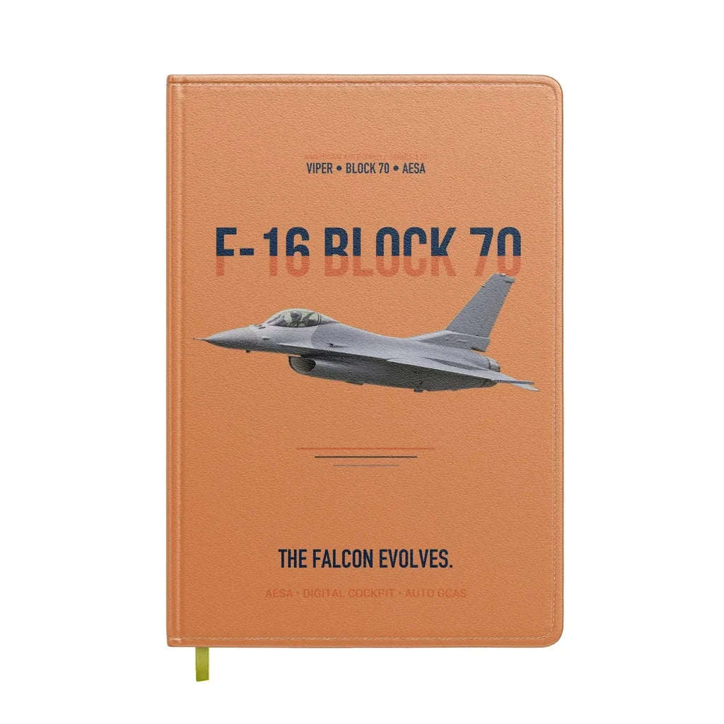 F-16 Block 70 The Falcon Evolves design on orange notebook