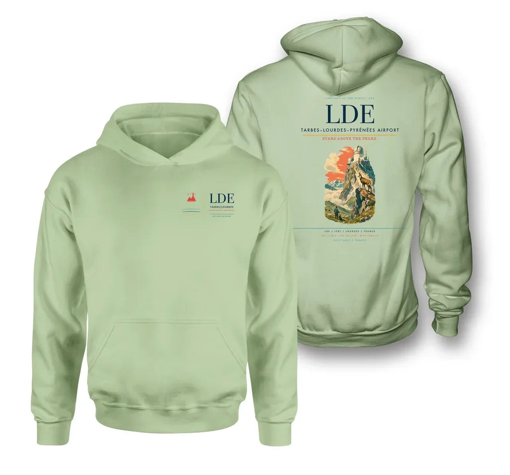Tarbes–Lourdes–Pyrénées Airport (LDE) design on light green double-side hoodie