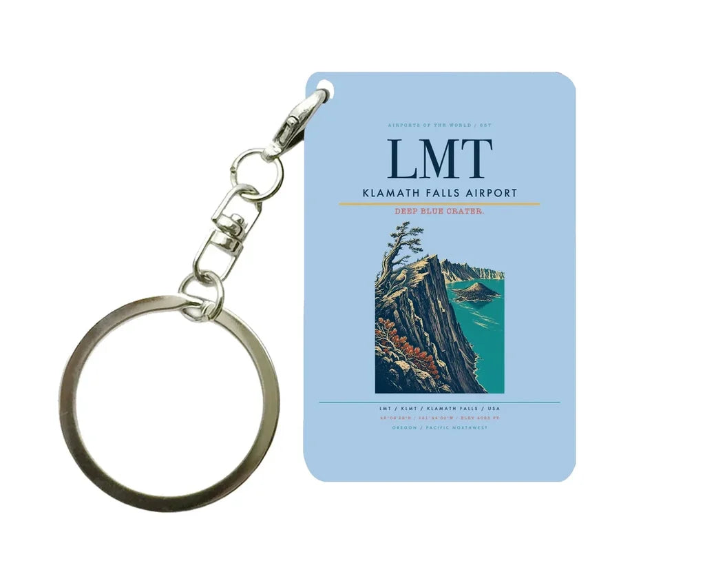 Klamath Falls Airport (LMT) design on light blue key chain