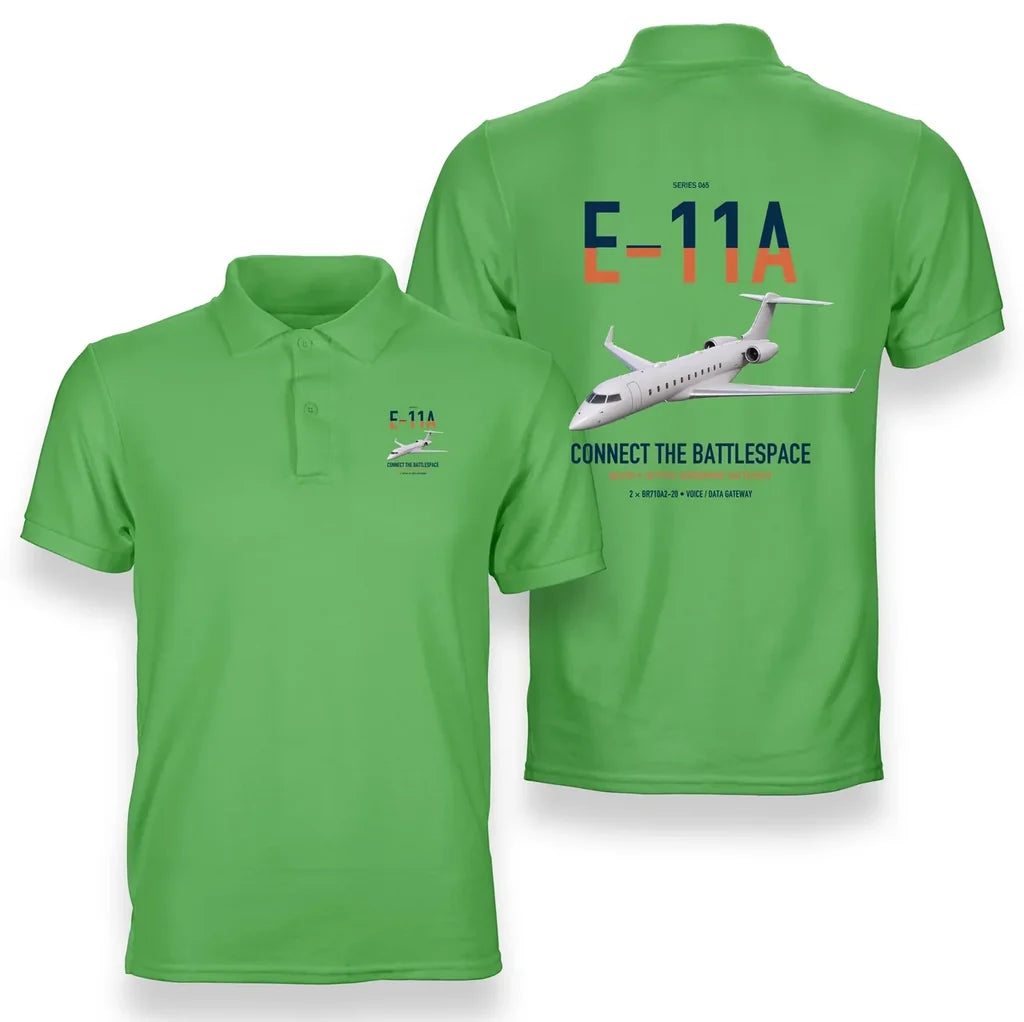 E-11A BACN design on light green double-side polo t-shirt, double-side print