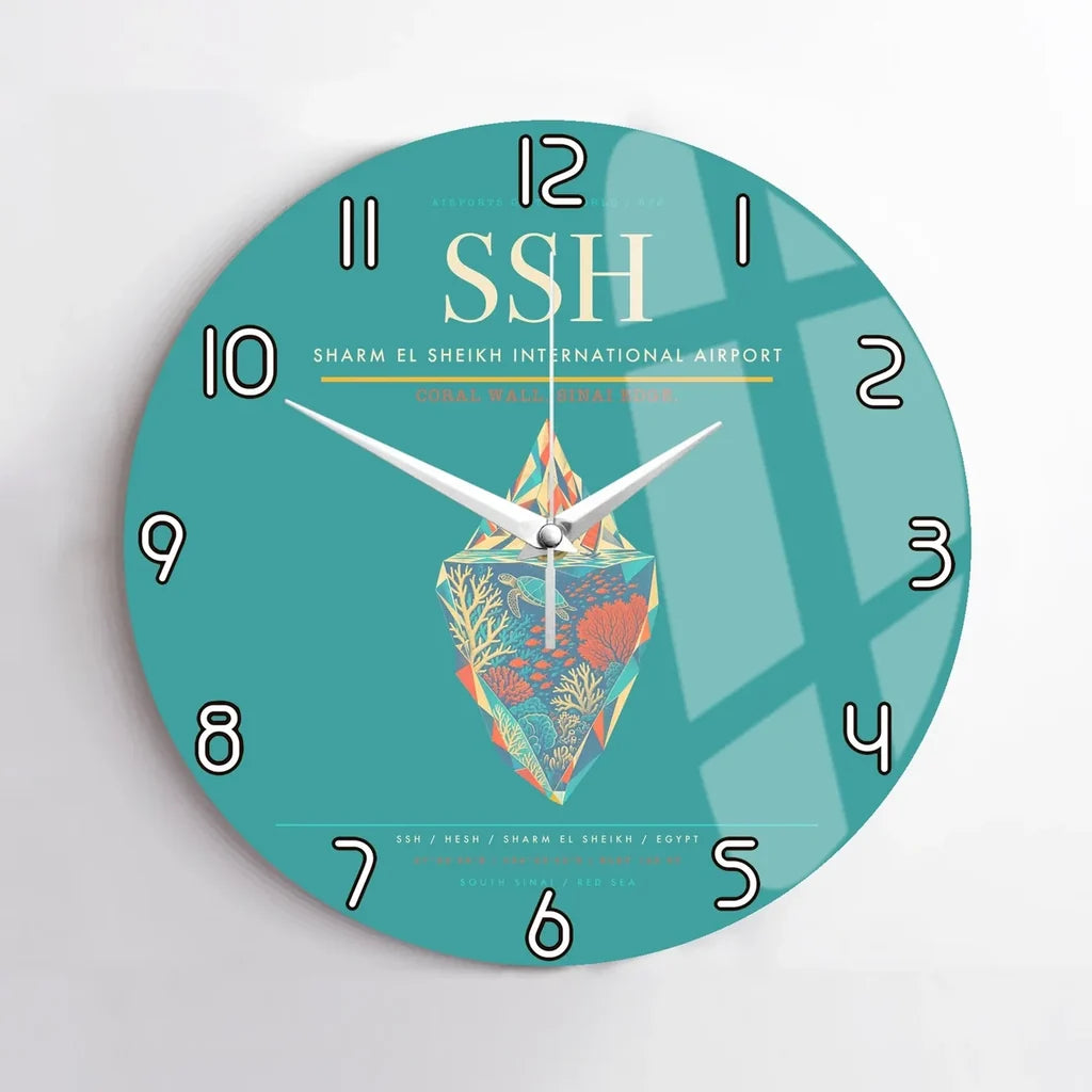 Sharm El Sheikh International Airport (SSH) design on turquoise no frame wall clock