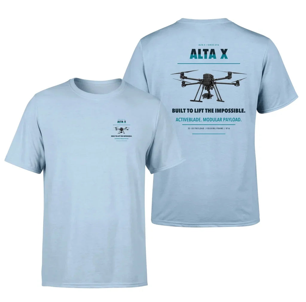 Freefly Alta X design on light blue t shirt