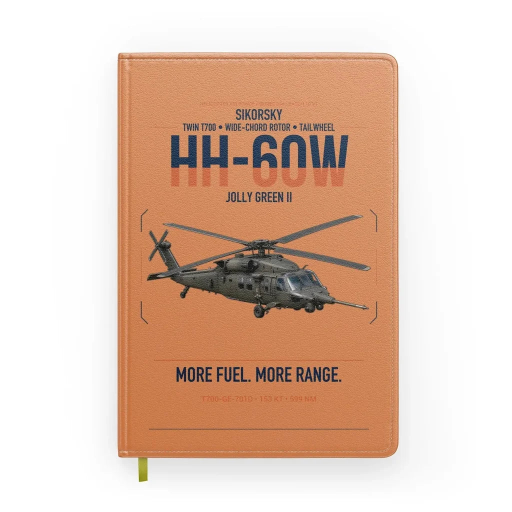Sikorsky HH-60W Jolly Green II design on orange notebook