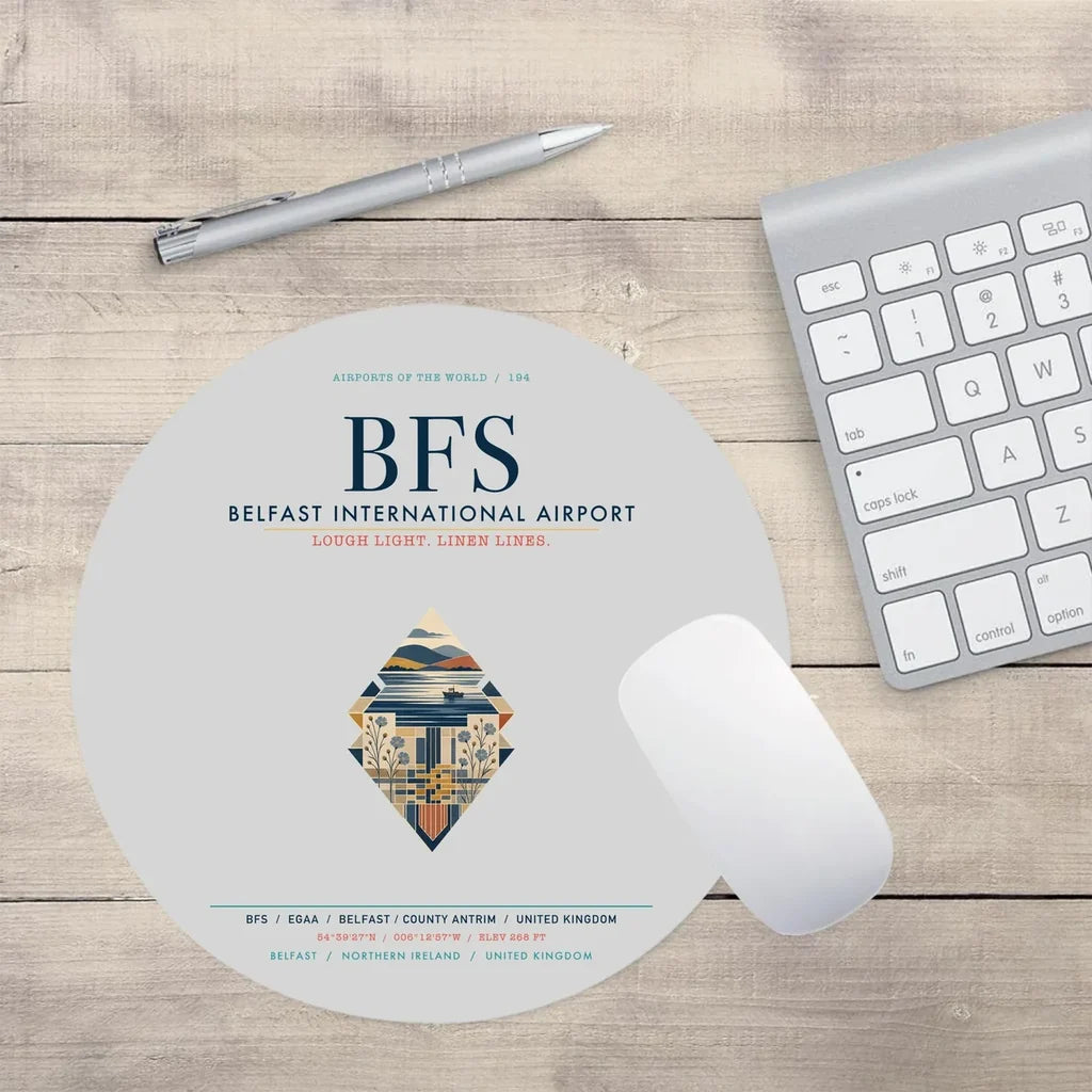 Belfast International Airport (BFS) design on light gray round mouse pad