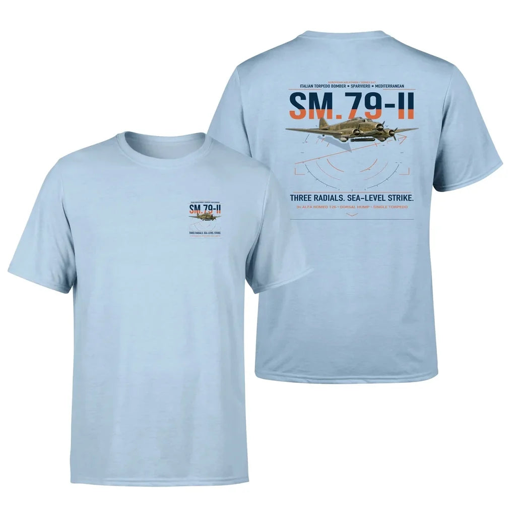 Savoia-Marchetti SM.79-II Sparviero design on light blue t-shirt, double-side print