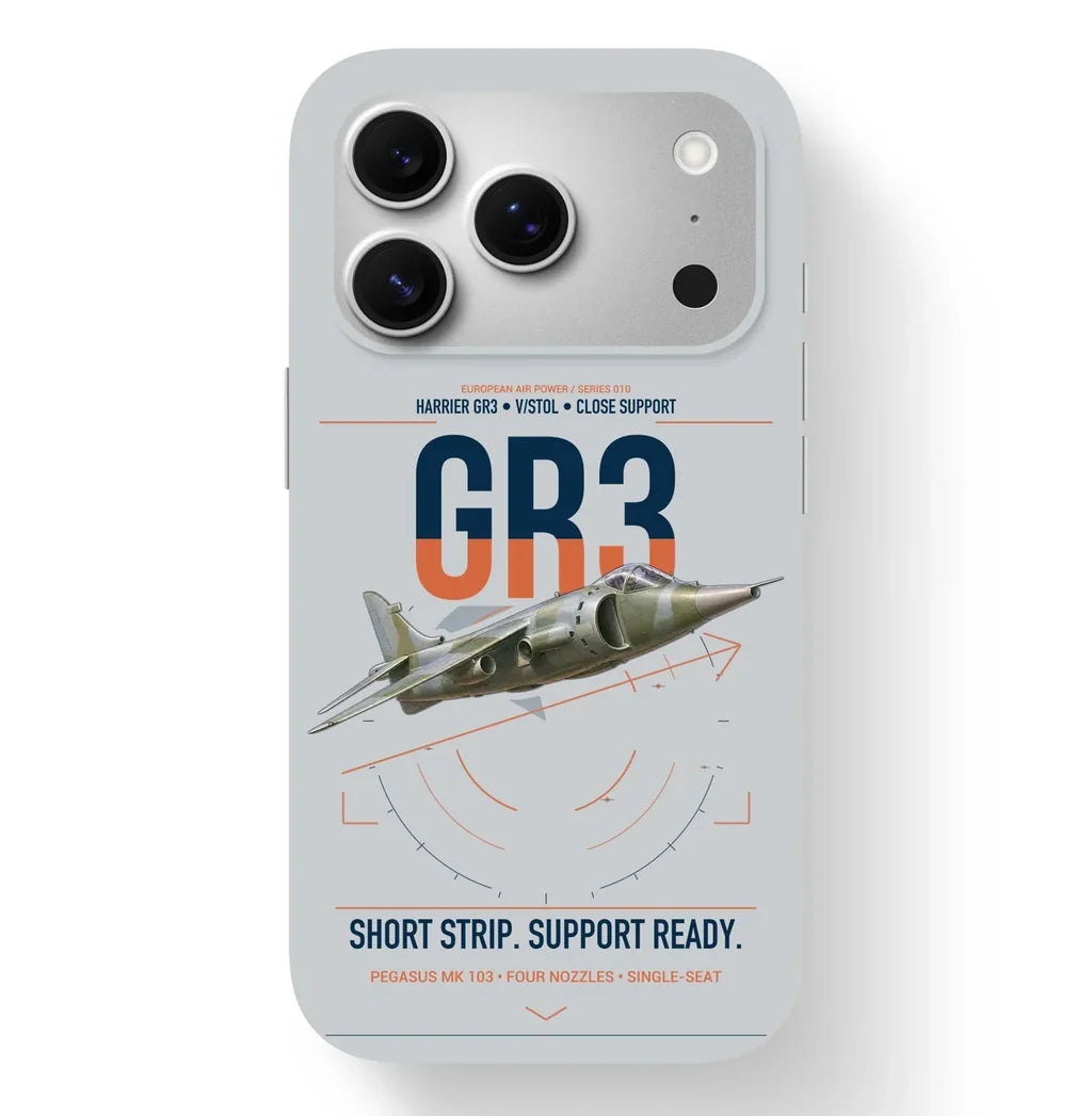 Hawker Siddeley Harrier GR3 design on light gray magsafe iphone case, for iPhone 17 Pro