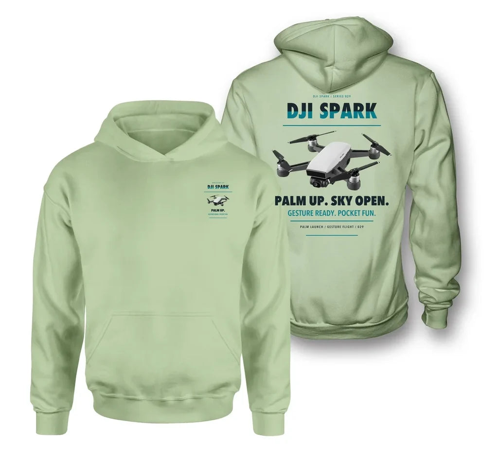 DJI Spark design on light green hoodie