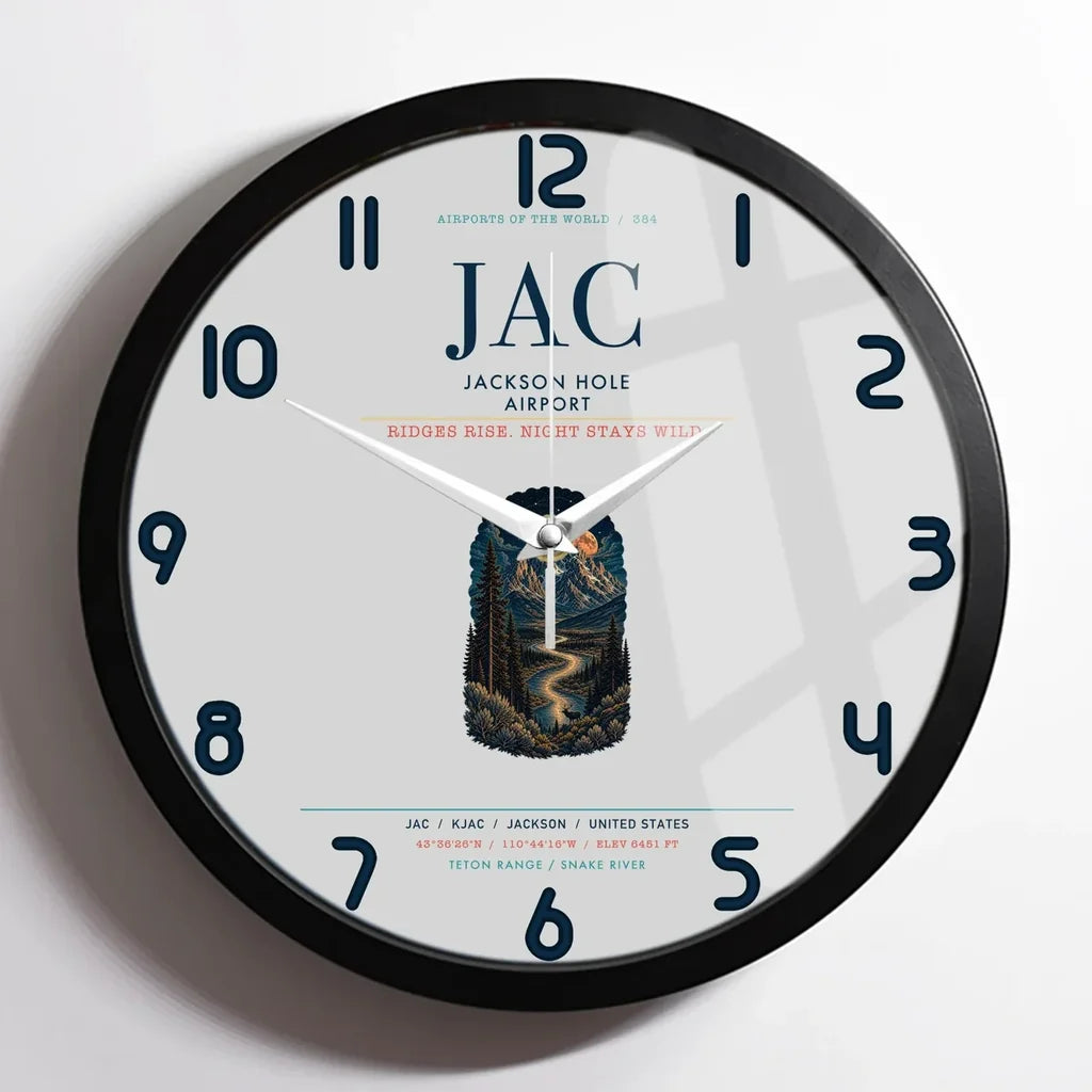 Jackson Hole Airport (JAC) design on light gray framed wall clock