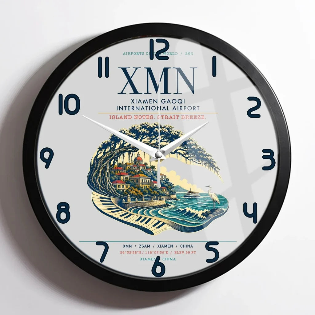 Xiamen Gaoqi International Airport (XMN) design on light gray framed wall clock