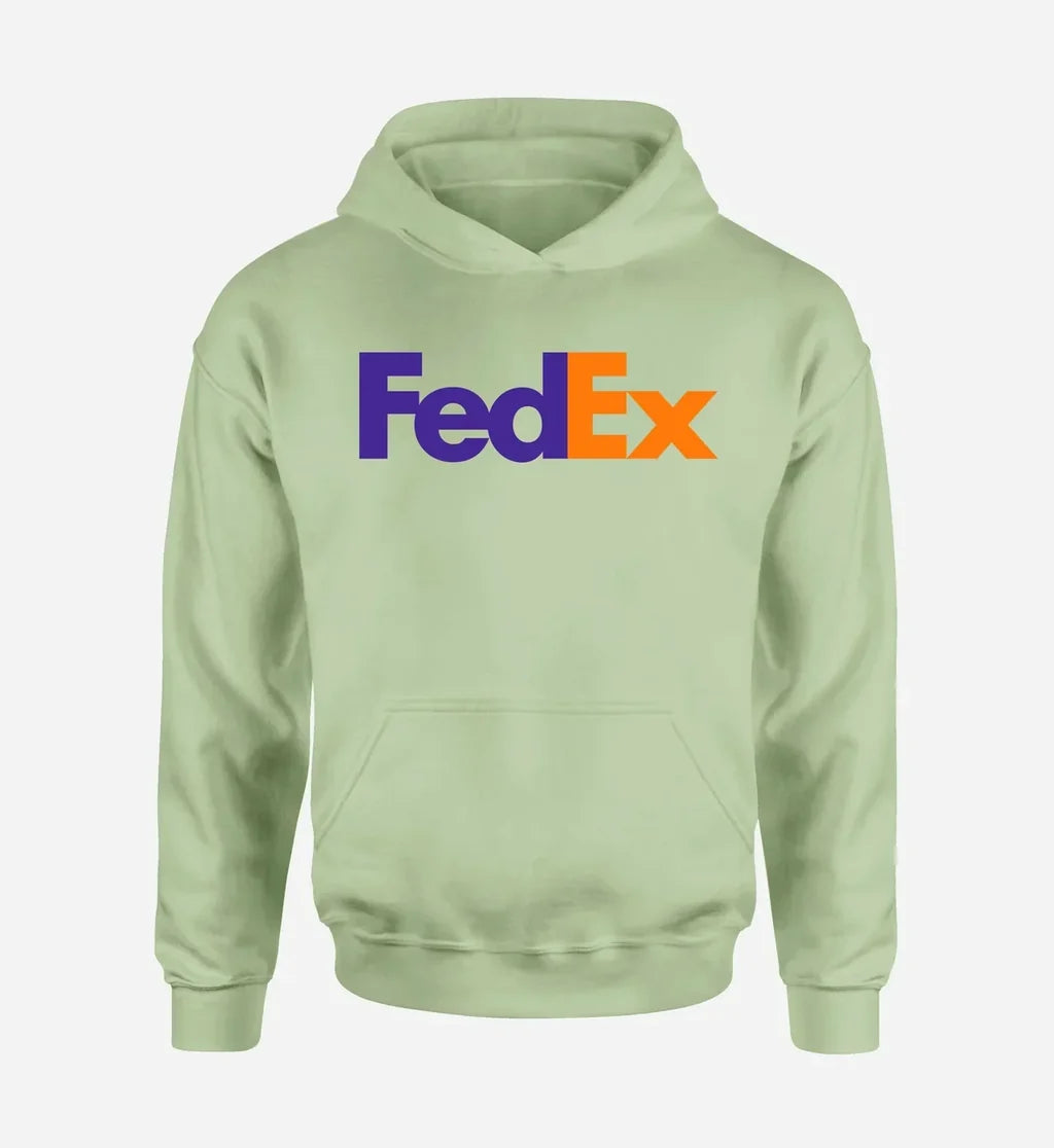 FedEx logo printed on light green hoodie