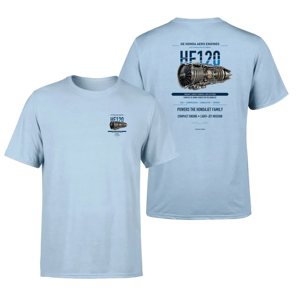 HF120 design on light blue t shirt