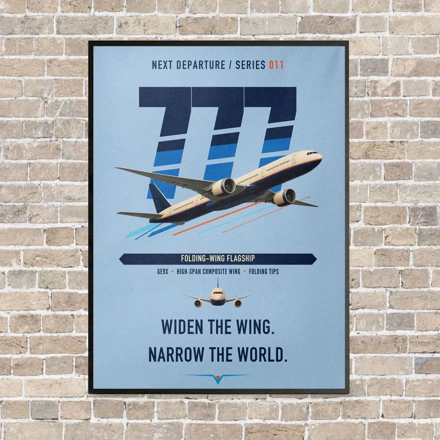 Boeing 777-9 vertical canvas print - framed - light blue background