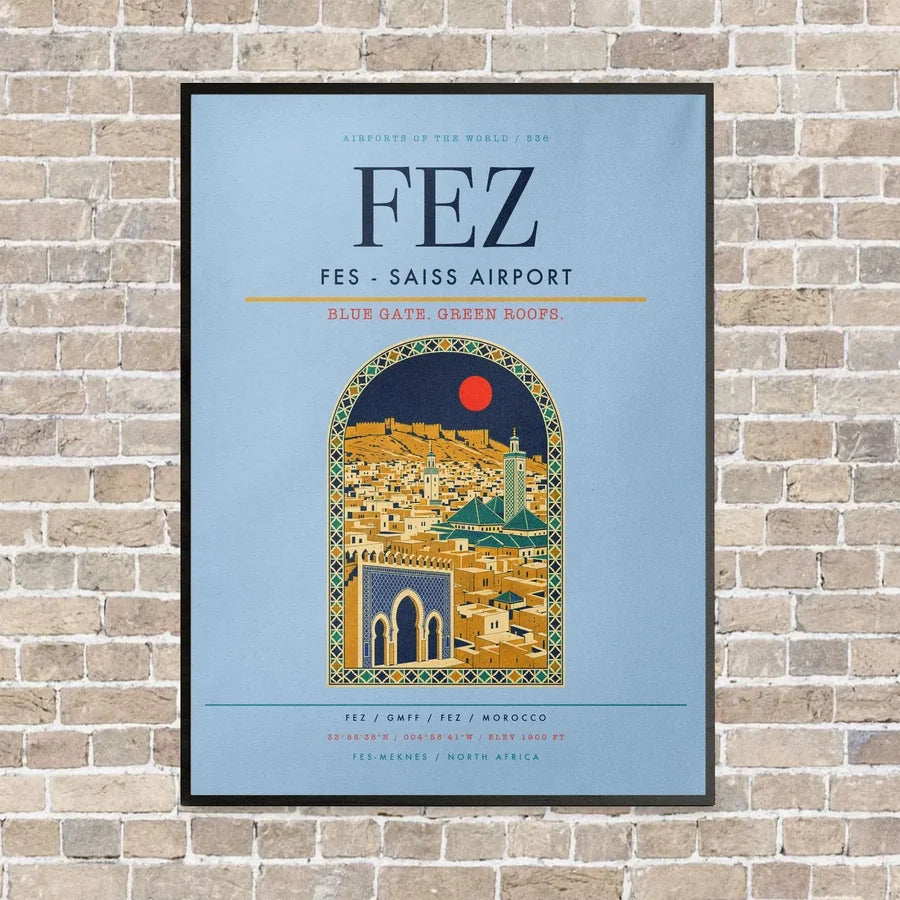 Fes - Saiss Airport FEZ vertical canvas print - framed - light blue background