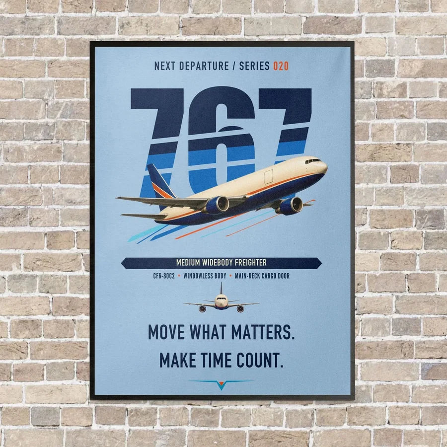 Boeing 767-300F vertical canvas print - framed - light blue background