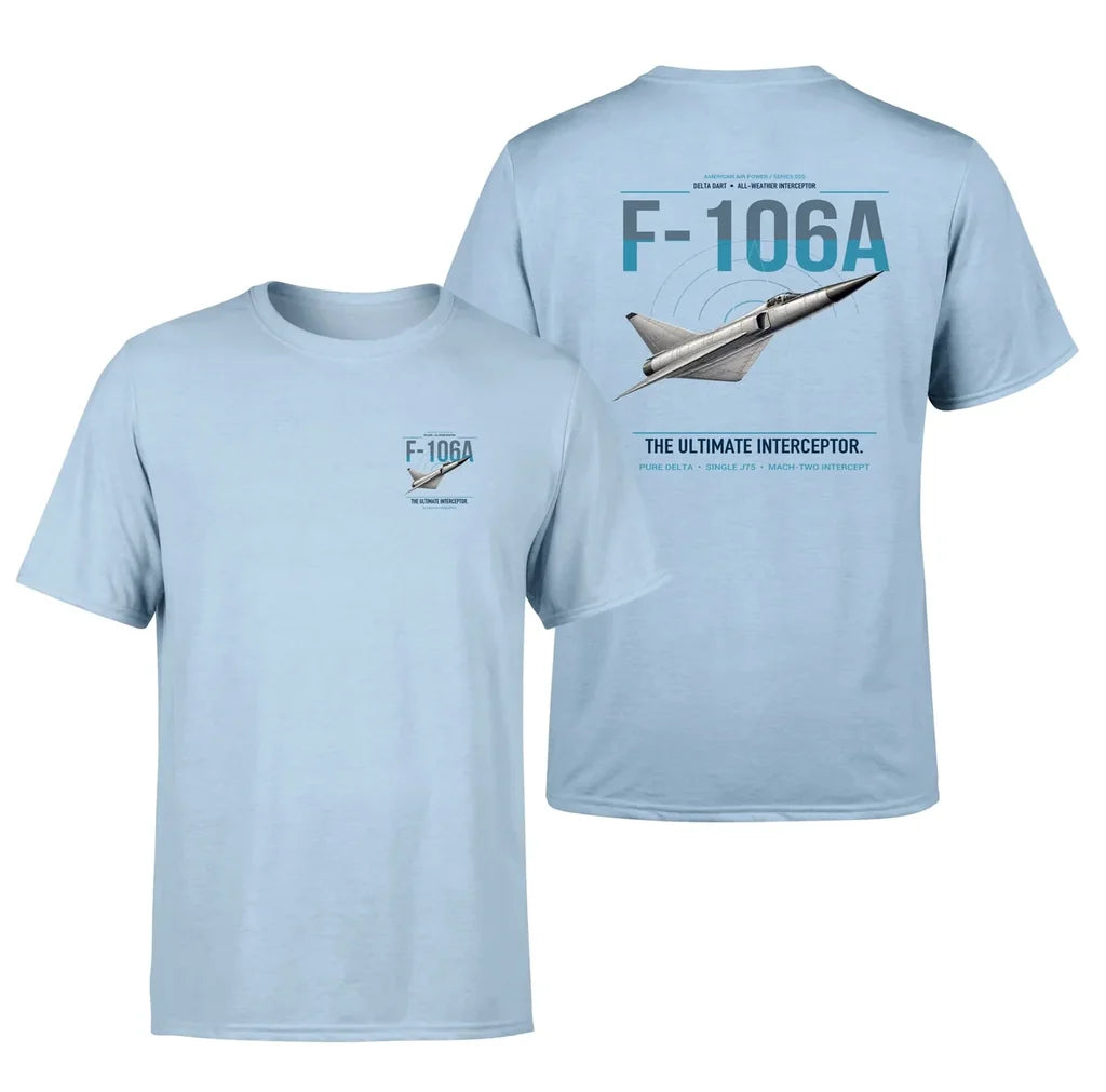 F-106A Delta Dart design on light blue t-shirt, double-side print