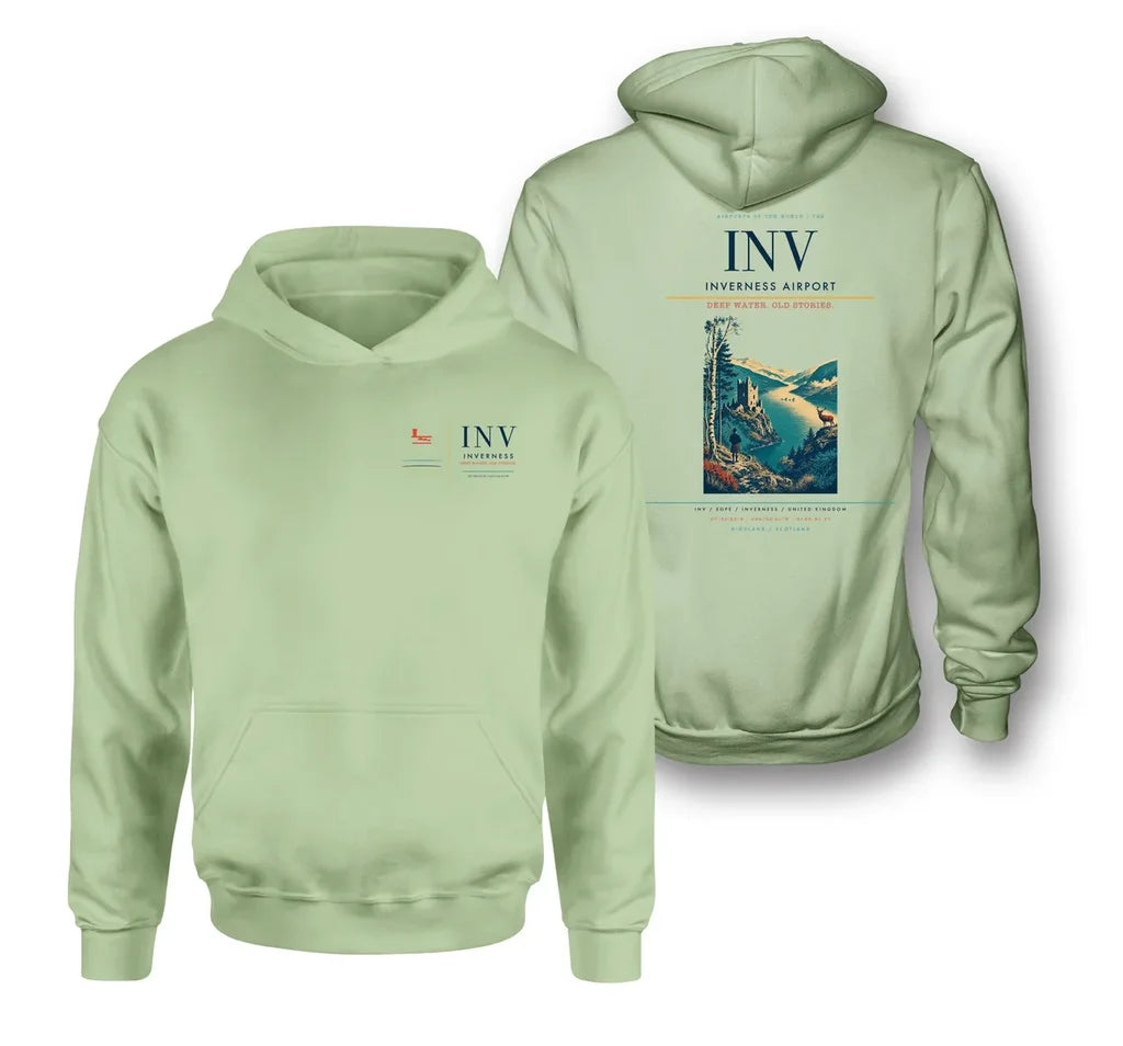 Inverness Airport (INV) design on light green double-side hoodie