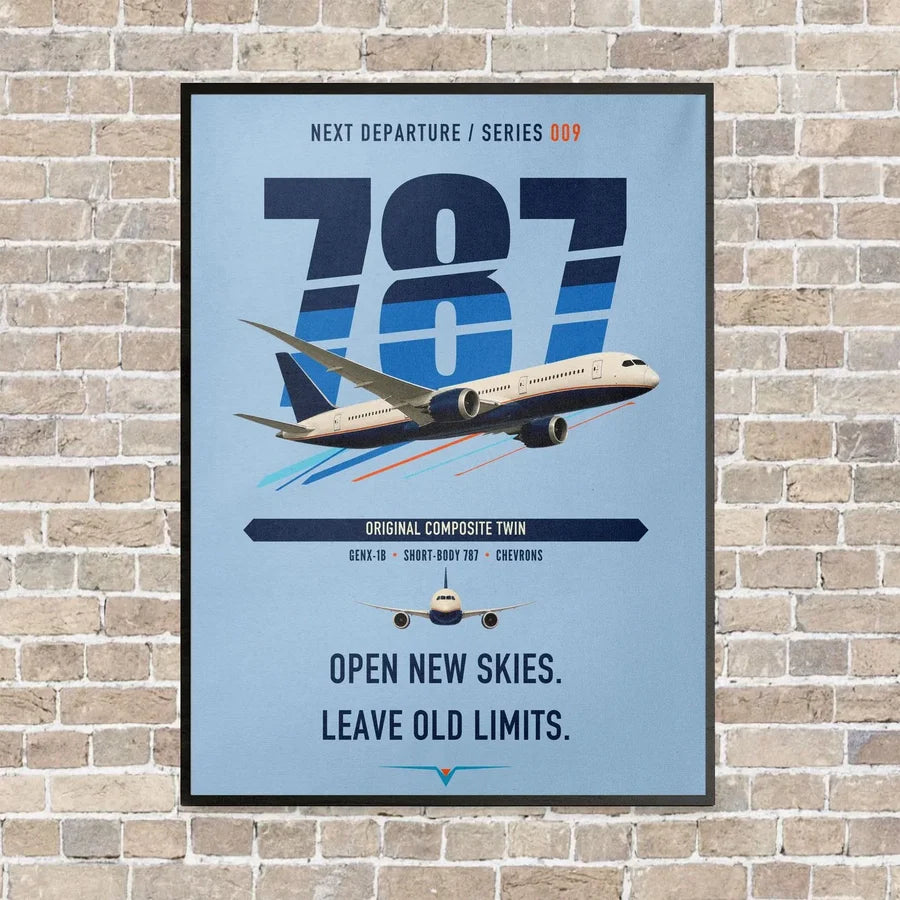 Boeing 787-8 Dreamliner vertical canvas print - framed - light blue background