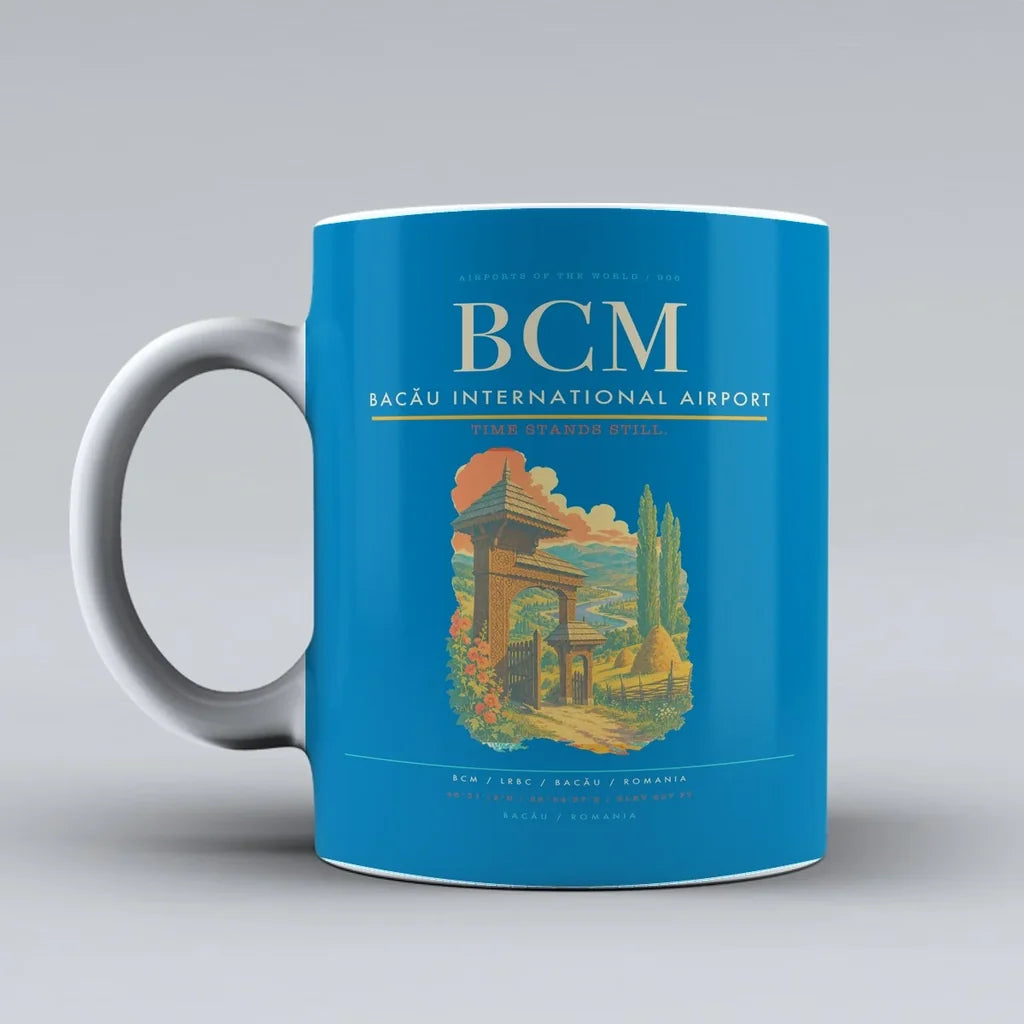 Bacău International Airport (BCM) airport code design on turquoise ceramic mug