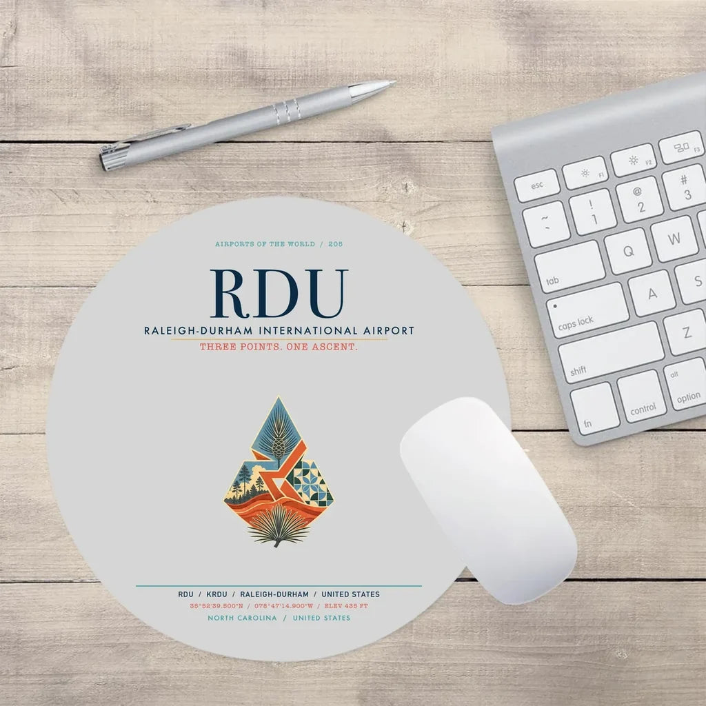 Raleigh-Durham International Airport (RDU) design on light gray round mouse pad