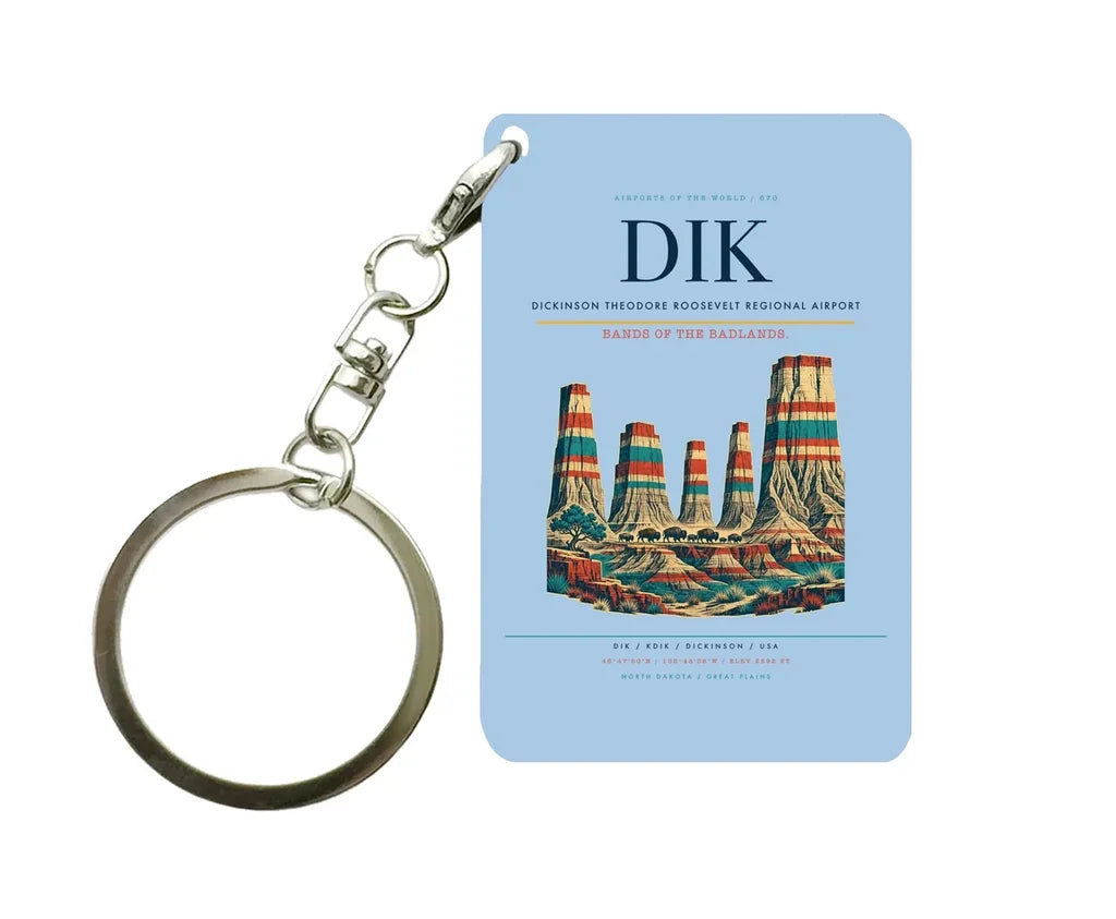 Dickinson Theodore Roosevelt Regional Airport (DIK) design on light blue key chain