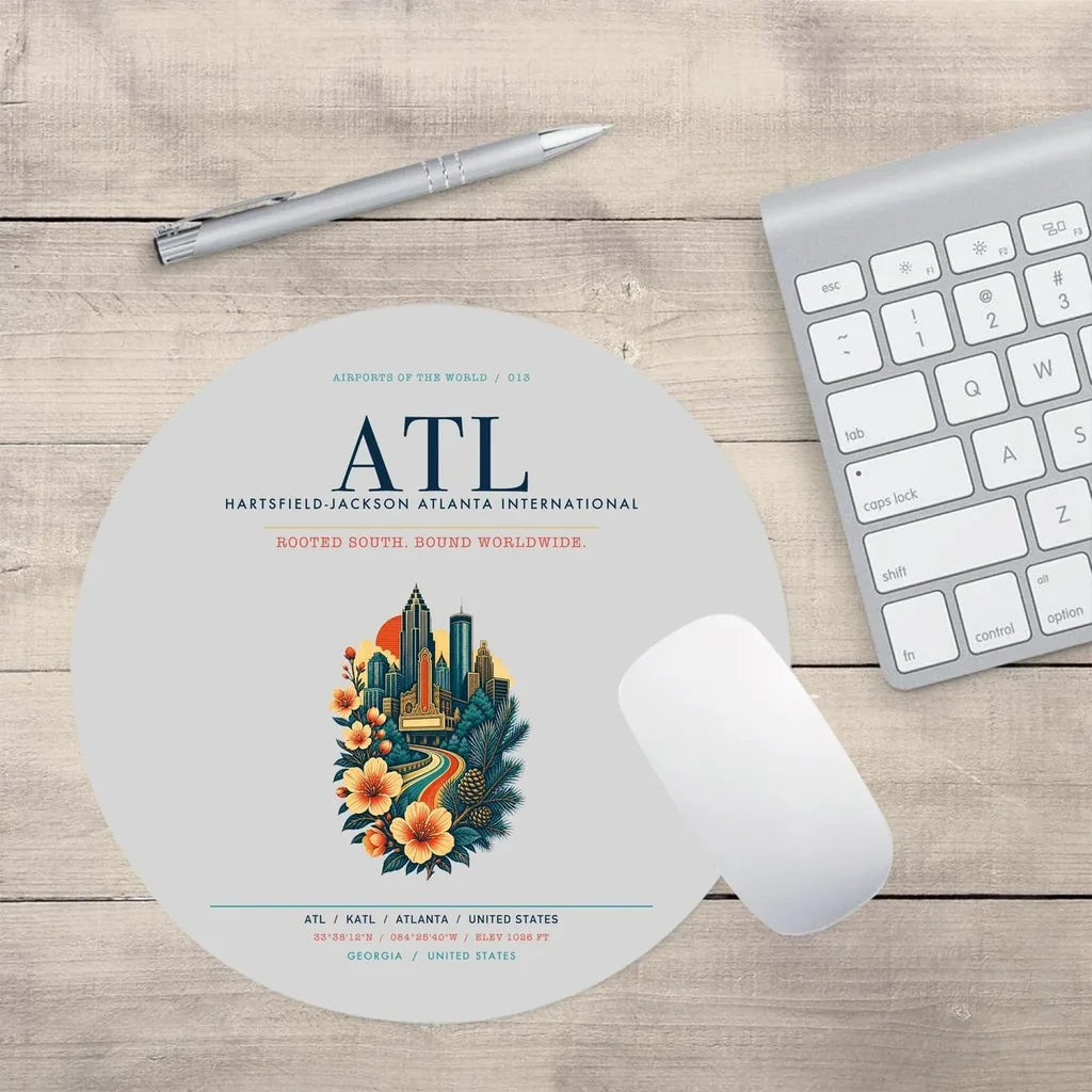 Atlanta Hartsfield-Jackson International Airport (ATL) design on light gray round mouse pad