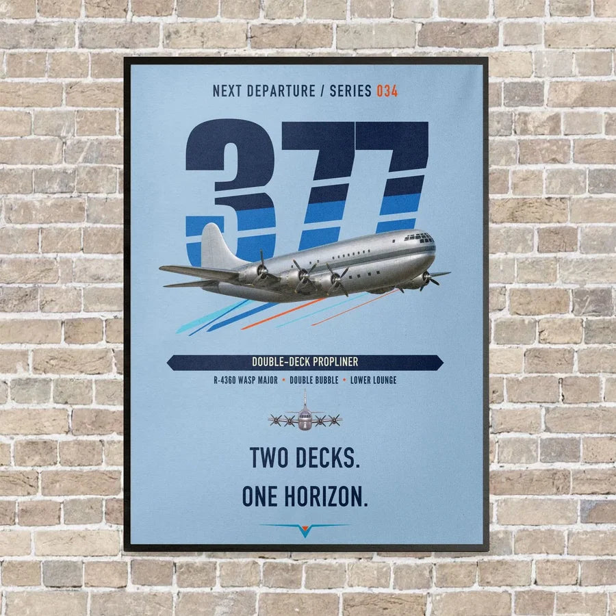 Boeing 377 Stratocruiser vertical canvas print - framed - light blue background