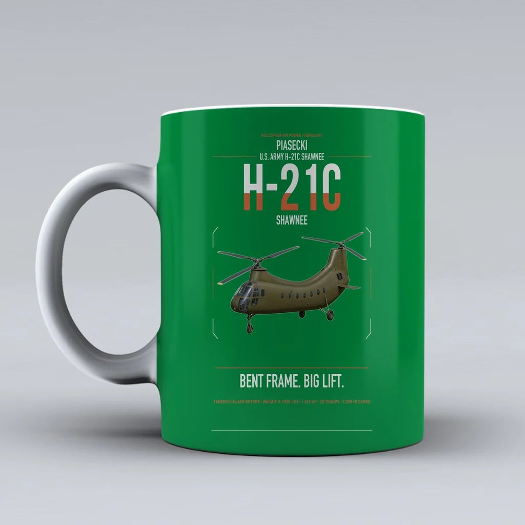 Piasecki H-21C Shawnee design on green ceramic mug, double-side print