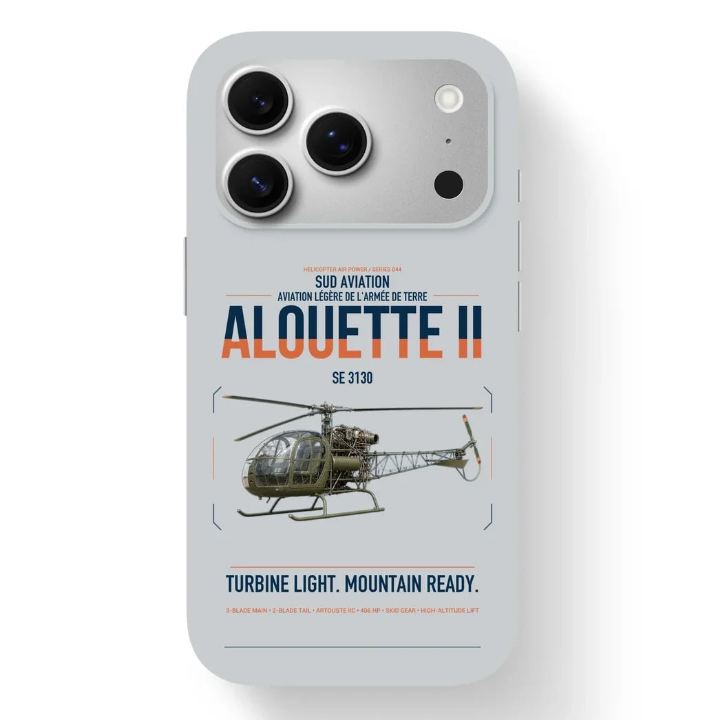 Sud Aviation SE 3130 Alouette II design on light gray magsafe iphone case, for iPhone 17 Pro