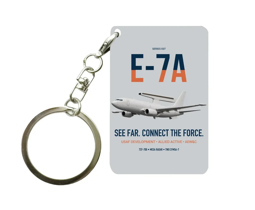 E-7A Wedgetail design on light gray designed key chain, double-side print