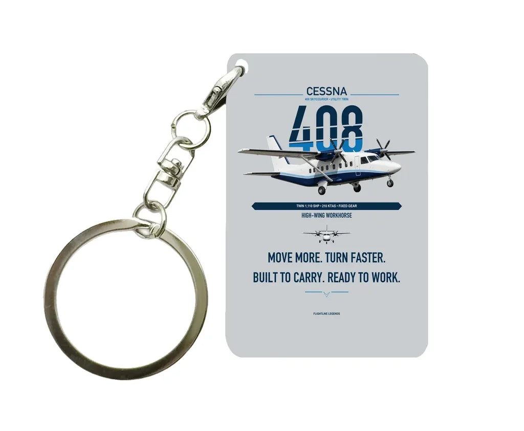Cessna 408 SkyCourier design on light gray designed key chain, double-side print