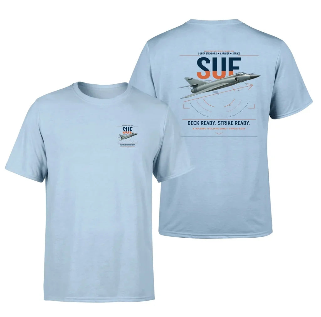 Dassault Super Étendard design on light blue t-shirt, double-side print