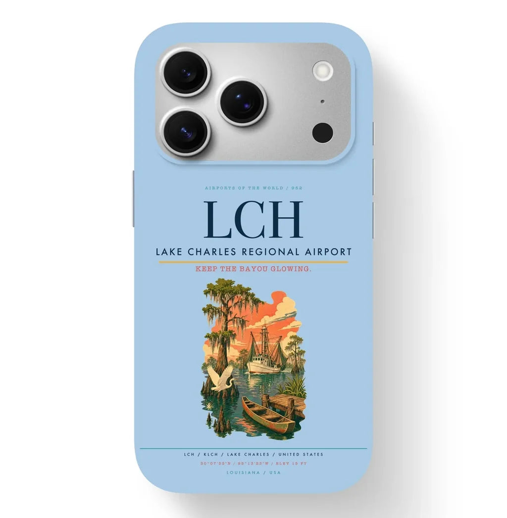 Lake Charles Airport (LCH) design on light blue iPhone 17 Pro MagSafe case