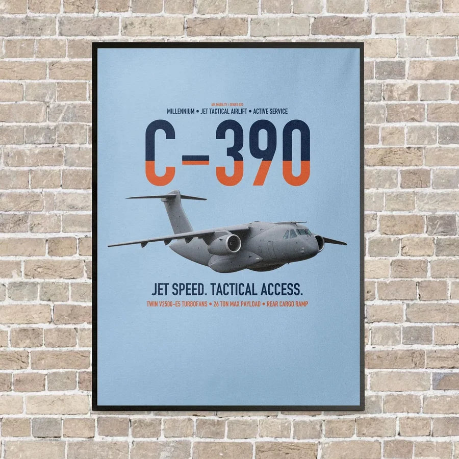 C-390 Millennium vertical canvas print - framed - light blue background