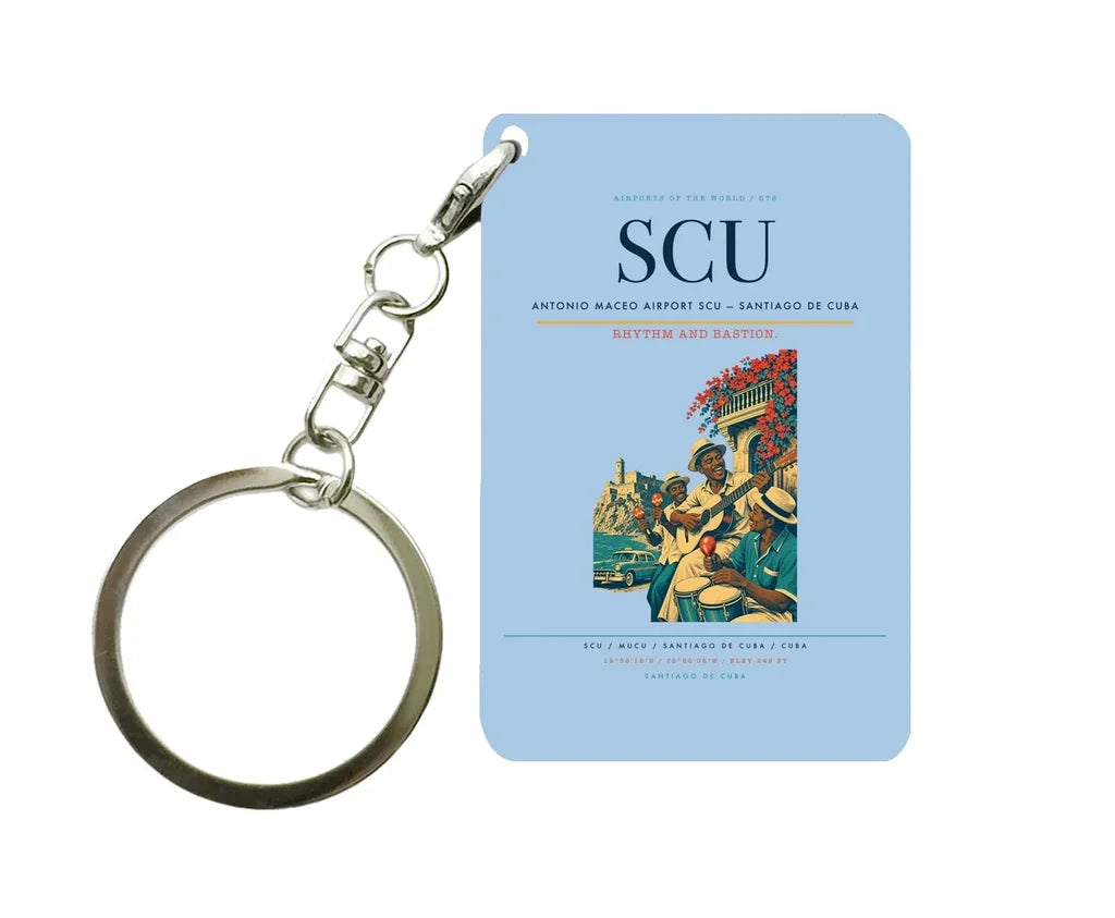 Antonio Maceo Airport (SCU) design on light blue key chain