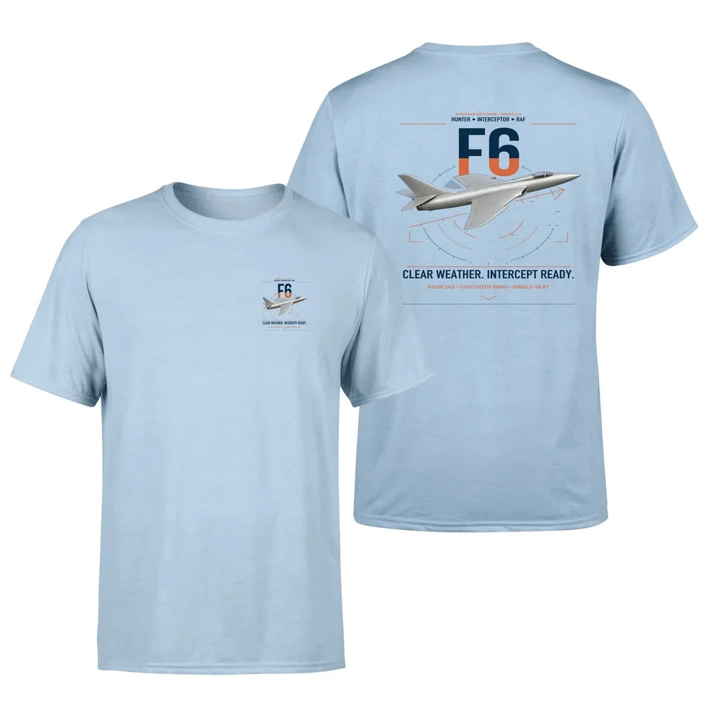 Hawker Hunter F6 design on light blue t-shirt, double-side print