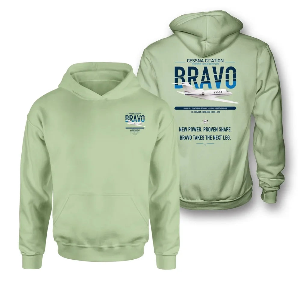 Cessna Citation Bravo design on light green double-side hoodie, double-side print