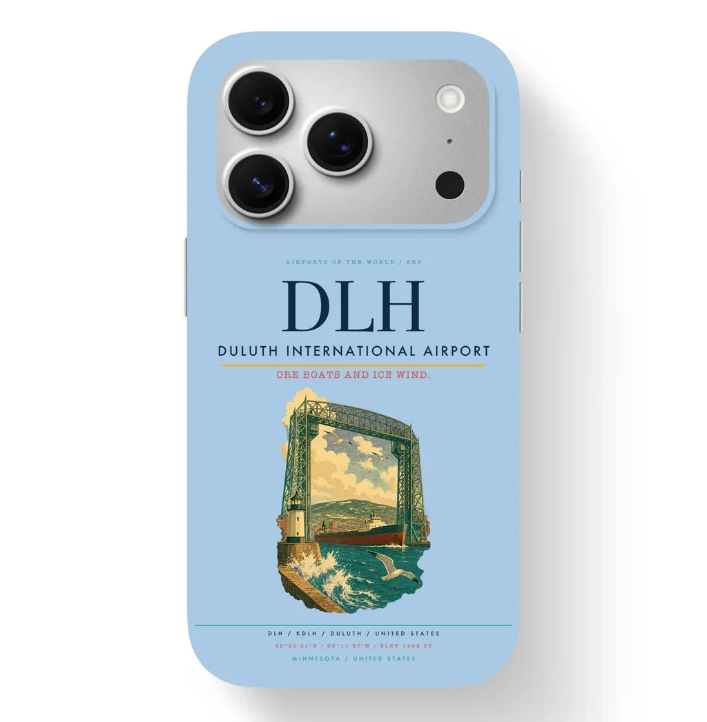Duluth Airport (DLH) design on light blue iPhone 17 Pro MagSafe case