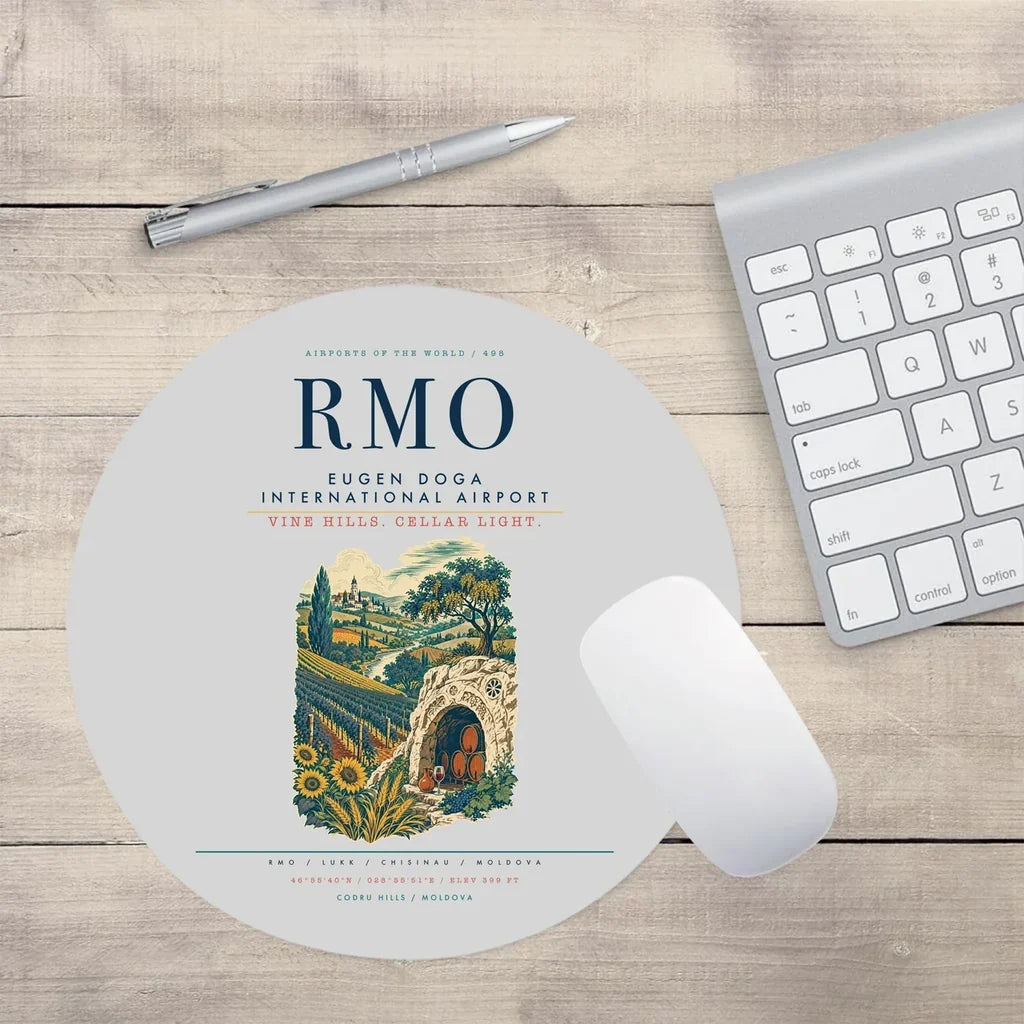 Chisinau Eugen Doga International Airport (RMO) design on light gray round mouse pad