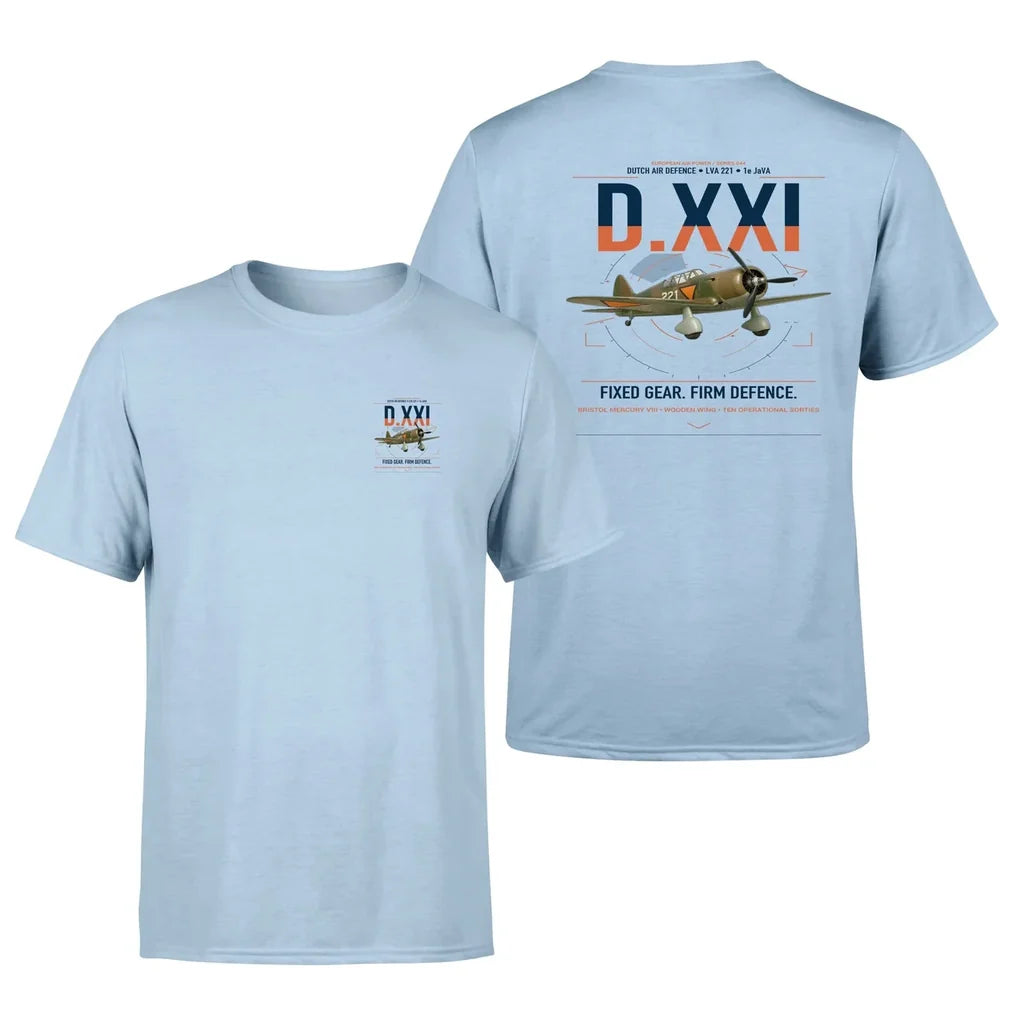 Fokker D.XXI — Dutch LVA aircraft 221 design on light blue t-shirt, double-side print