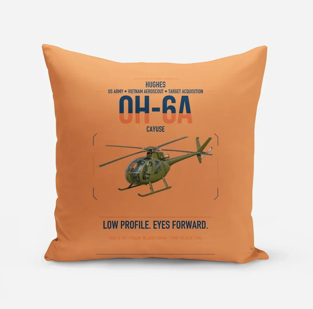 Hughes OH-6A Cayuse design on orange pillow