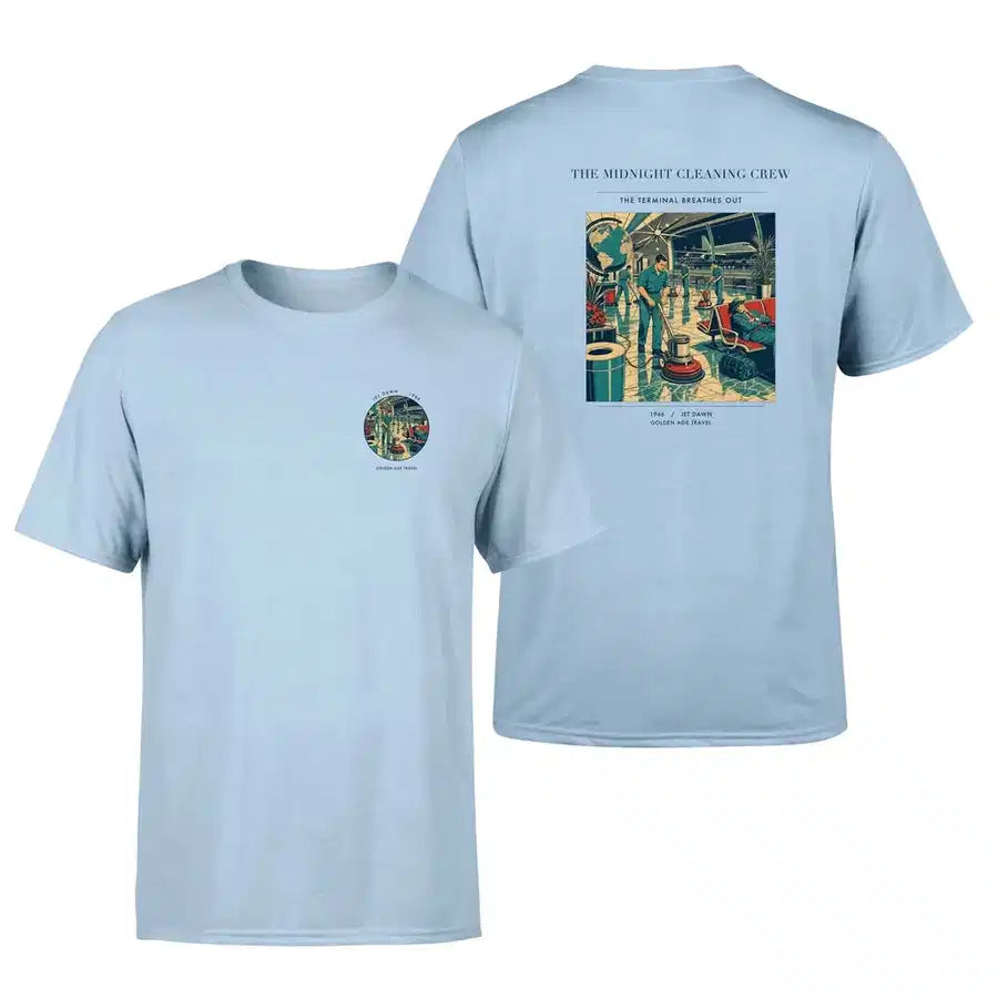 VINTAGE G4378 - The Midnight Cleaning Crew - Double-Side T-Shirt design on lightblue double side t shirt