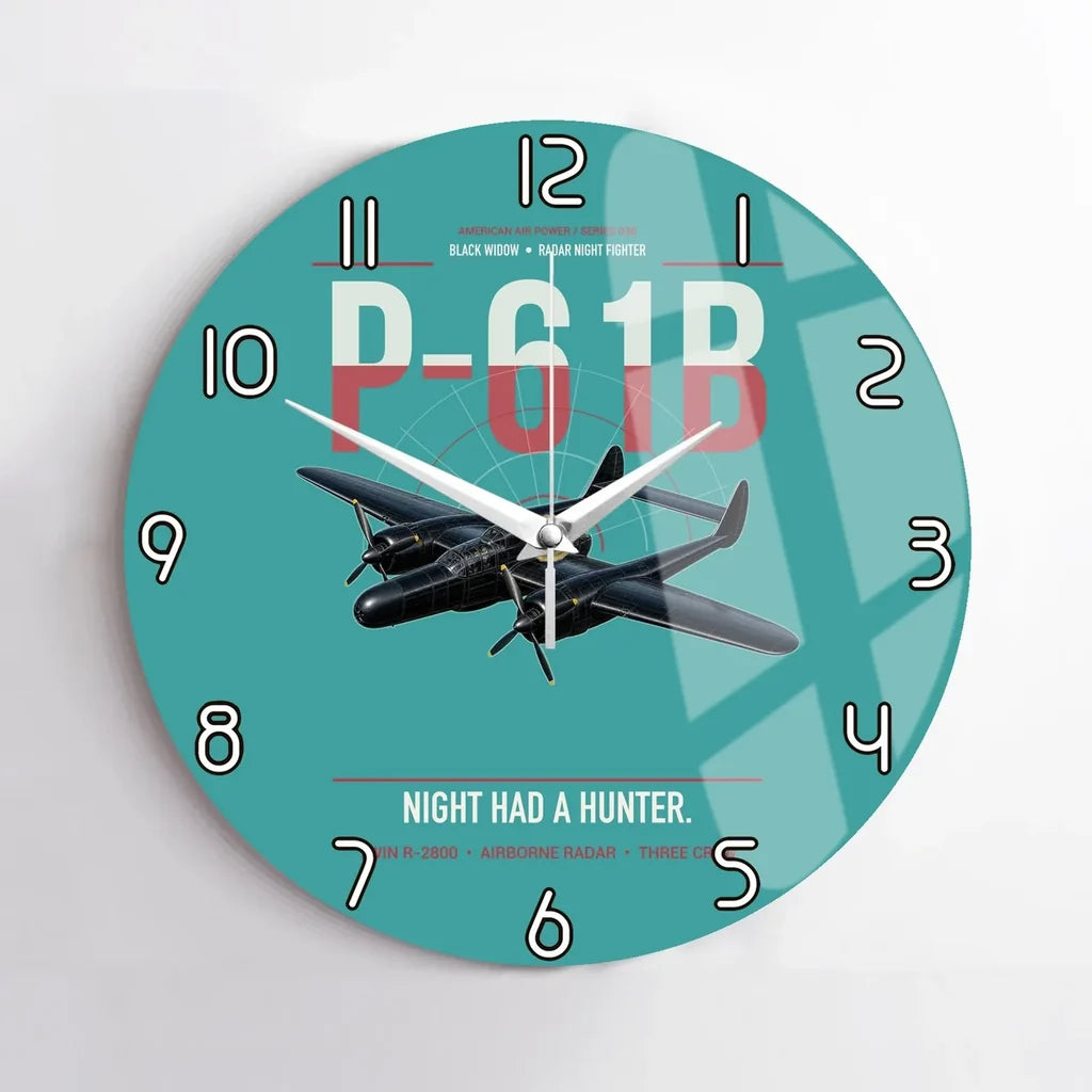 P-61B Black Widow design on turquoise no frame wall clock