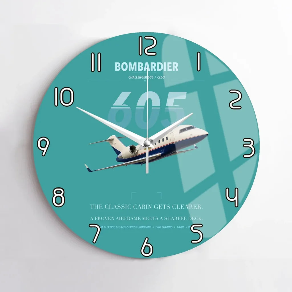 Bombardier Challenger 605 design on turquoise no frame wall clock